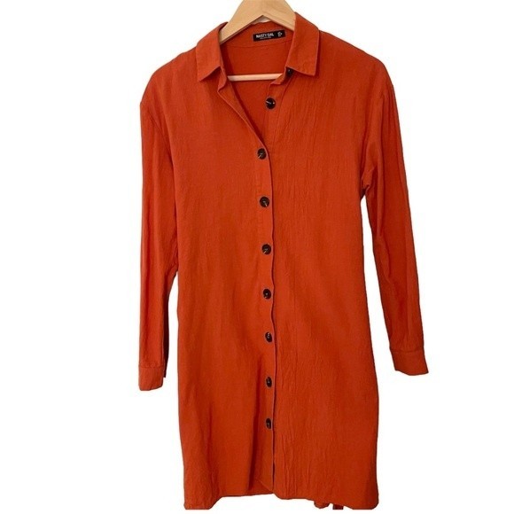 NASTY GAL Long Sleeve Button Dress in Rust Size: 4 - Picture 2 of 11